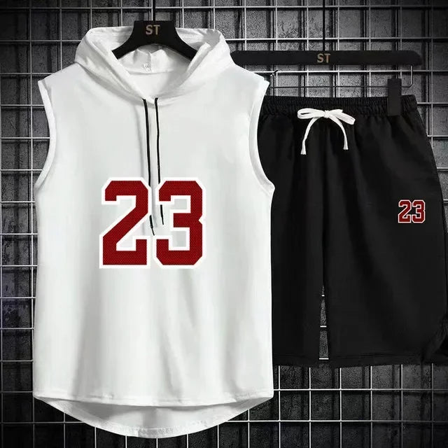 Summer New Men's Sleeveless Hooded T-shirt+shorts pants Sports two-piece set gym Fashion Casual Men Women Sports Two Piece Set