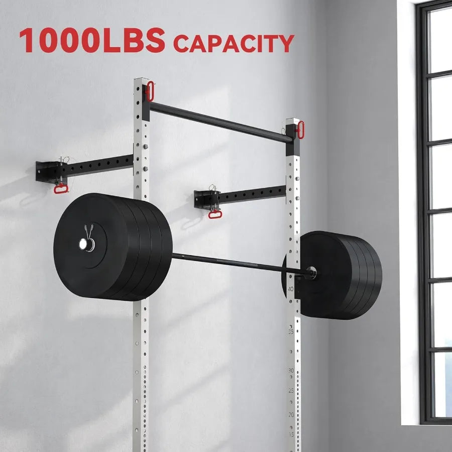 Folding Squat Rack with Adjustable Pull-Up Bar, 1000 Pounds Capacity Wall Mounted Power Rack, Adjustable Barbell Rack with J Hoo