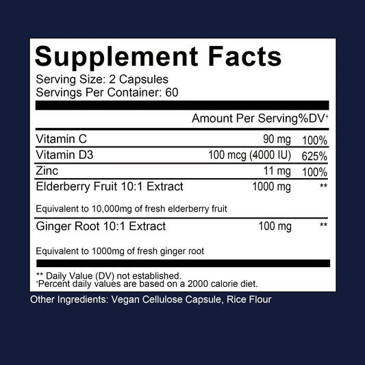 Elderberry, Vitamin C + Zinc - Supports The Immune System, Antioxidant Properties, Promotes Energy Production - 120 Capsules