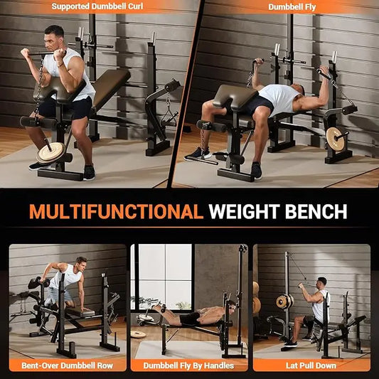 7 IN 1 Weight Bench Set with Squat Rack, Adjustable Bench Press Set with Leg Extensions, Foldable Workout Bench for Home Gym