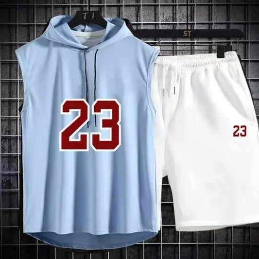 Summer New Men's Sleeveless Hooded T-shirt+shorts pants Sports two-piece set gym Fashion Casual Men Women Sports Two Piece Set