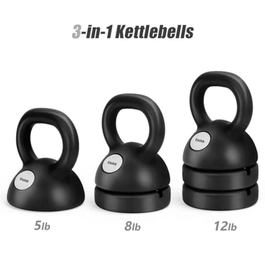 Adjustable Kettlebell Weight Set 3-in-1 5lbs 8lbs 12lbs for Home Gym Full-Body Workout Strength Training Weight Loss Steel Blac