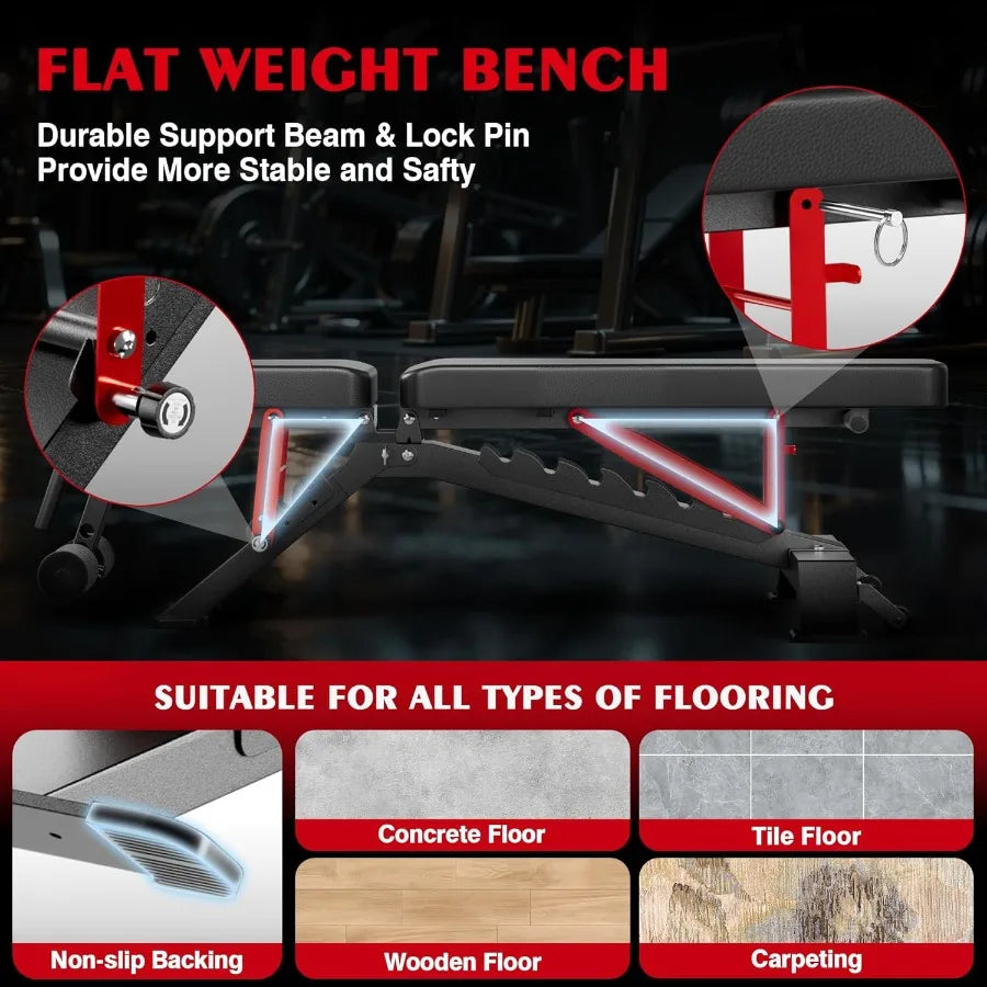 Adjustable Weight Bench Foldable Workout Bench for Home Gym Heavy Duty 1300lb Capacity PRO Full Body Strength Training with 8Le