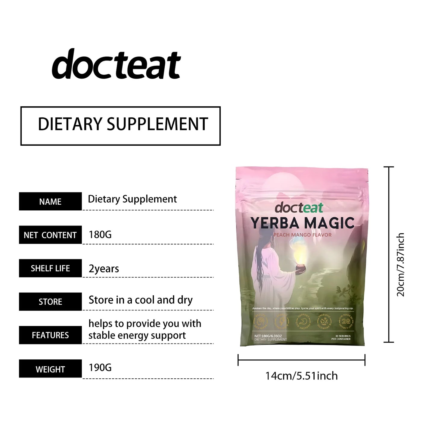 Docteat 180g Yerba Mate Instant Powder Supports Energy Gut Health Super Drink Dietary Supplement Fresh Flavor Yerba Mate Powder