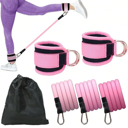 3Piece Set Natural Latex Yoga Resistance Bands, Hip and Leg Shaping Trainer with Ankle Straps for Home Gym Multi-Level Fitness E