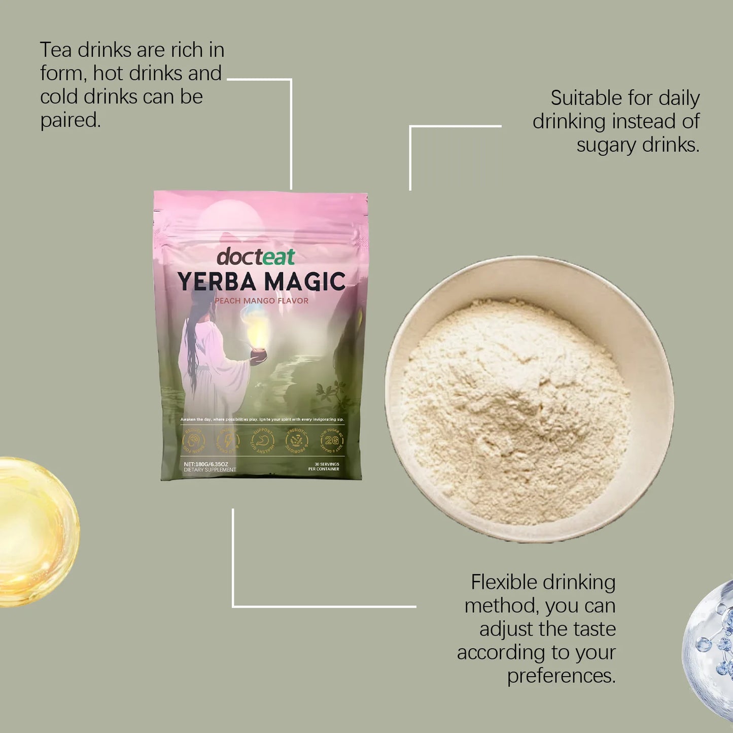 Docteat 180g Yerba Mate Instant Powder Supports Energy Gut Health Super Drink Dietary Supplement Fresh Flavor Yerba Mate Powder