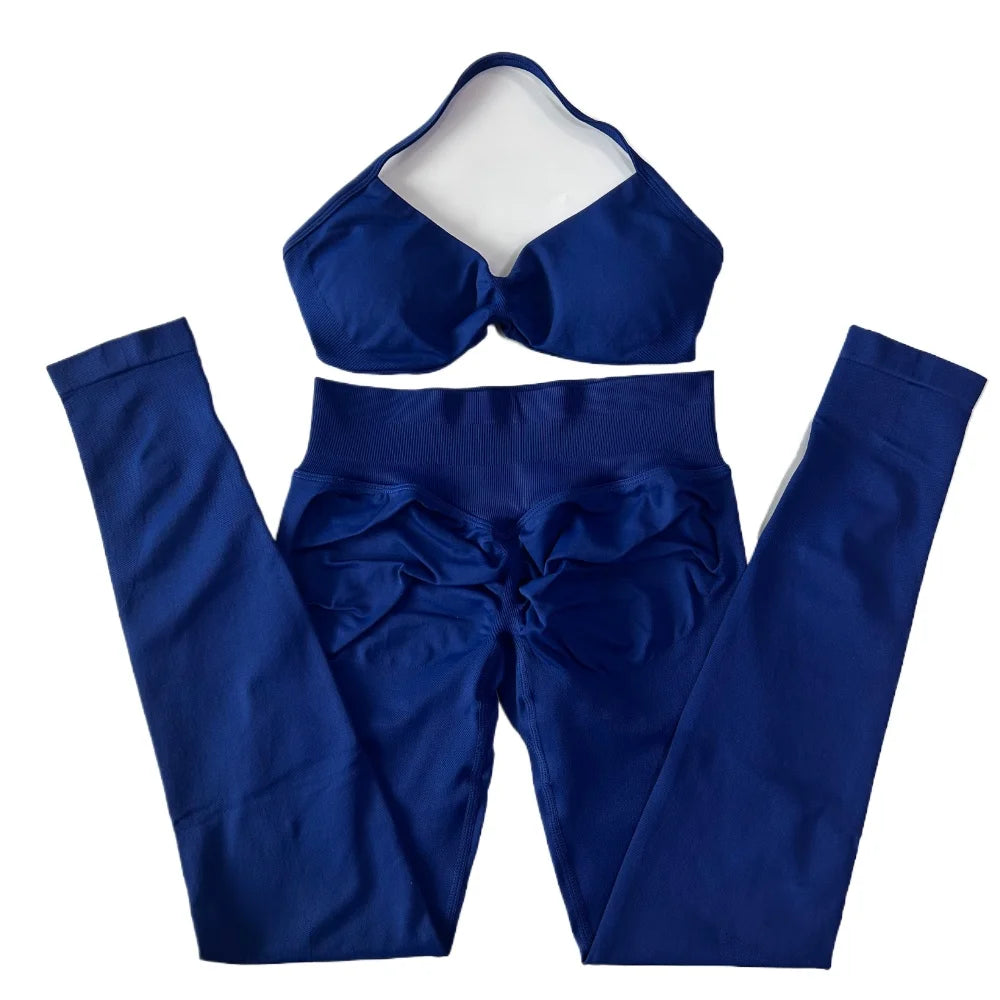 2 Pieces Set For Woman Strappy Yoga Bra Sports Top Workout Leggings Set Seamless Gym Set Fitness Clothes Outfit Activewear