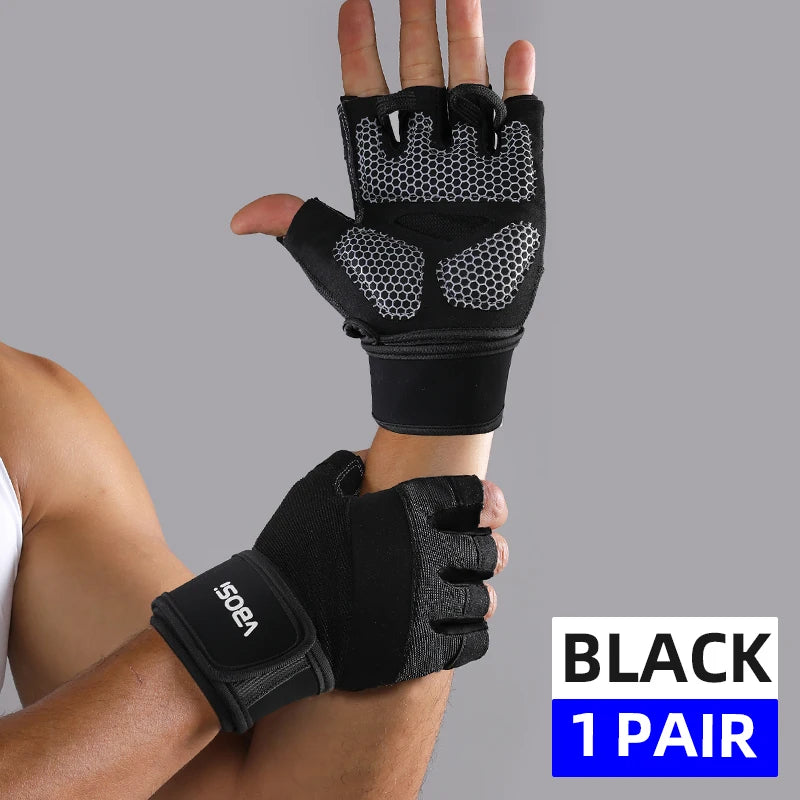 VBOSi Anti-Slip Silicone Breathable Half Finger Sports Gloves for Deadlift Wrist Support with Adjustable Straps for Women Men