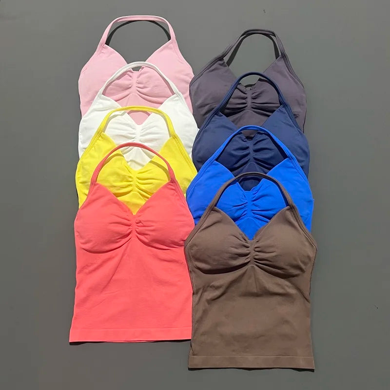 Gym Halter Top Woman Longline Strappy tank Padded Yoga Clothing Removable Cups Yoga Tank Tops Fitness Workout Running Activewear