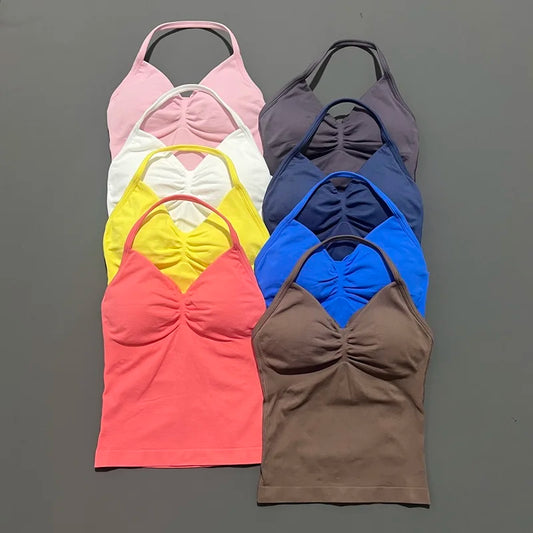 Gym Halter Top Woman Longline Strappy tank Padded Yoga Clothing Removable Cups Yoga Tank Tops Fitness Workout Running Activewear