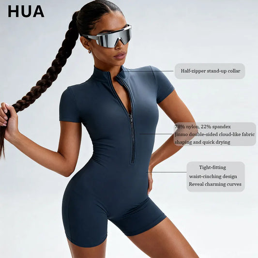 Half Zipper Yoga Bodysuit for Women - Stand Up Collar One Piece Tight Fit Waist Cinching Jumpsuit Quick Dry Gym Workout
