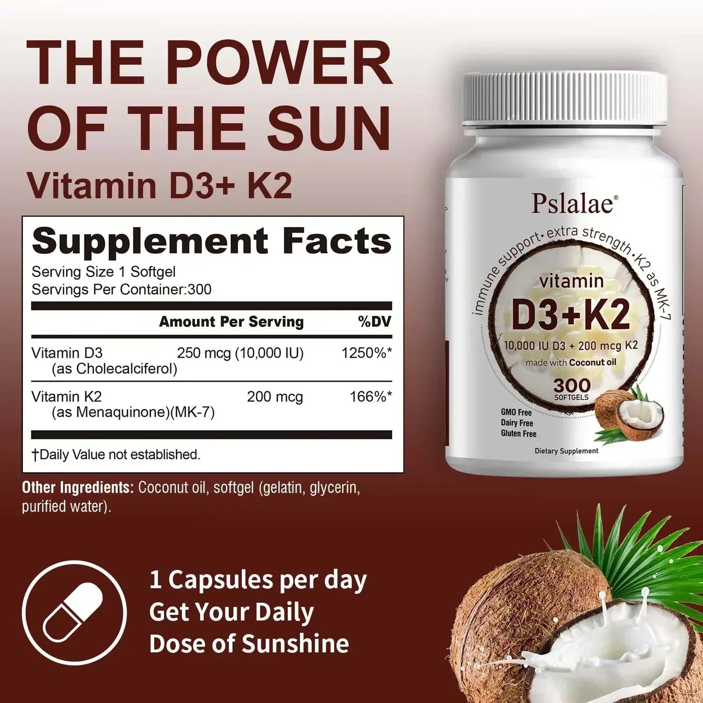 Vitamin D3 K2 Supplement - Helps Maintain Bone Health and Immune Health, Promotes Absorption and Enhances Body Immunity