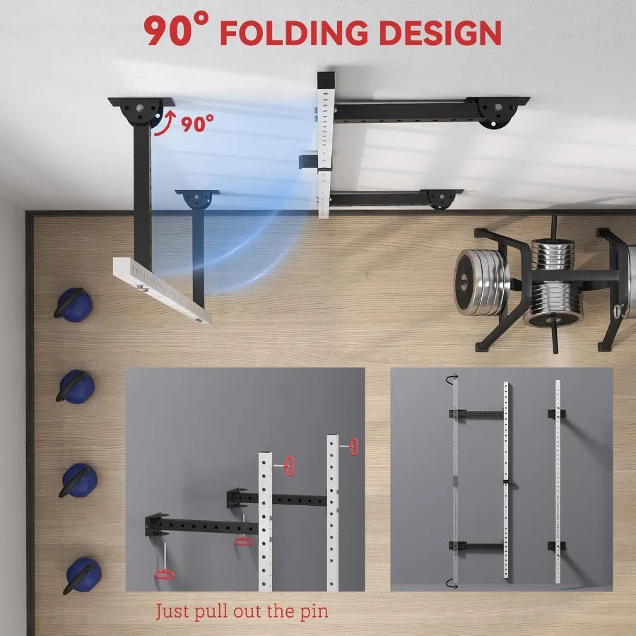 Folding Squat Rack with Adjustable Pull-Up Bar, 1000 Pounds Capacity Wall Mounted Power Rack, Adjustable Barbell Rack with J Hoo