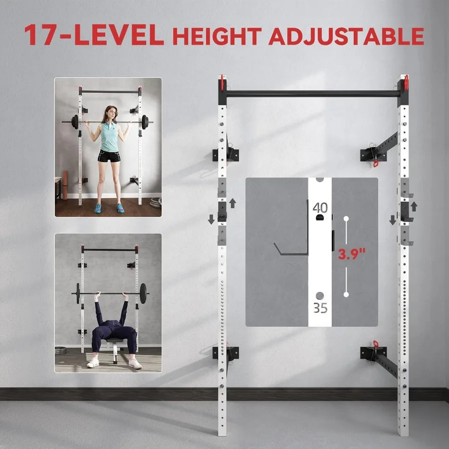 Folding Squat Rack with Adjustable Pull-Up Bar, 1000 Pounds Capacity Wall Mounted Power Rack, Adjustable Barbell Rack with J Hoo