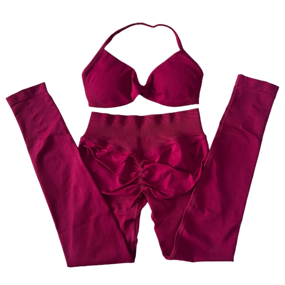 2 Pieces Set For Woman Strappy Yoga Bra Sports Top Workout Leggings Set Seamless Gym Set Fitness Clothes Outfit Activewear