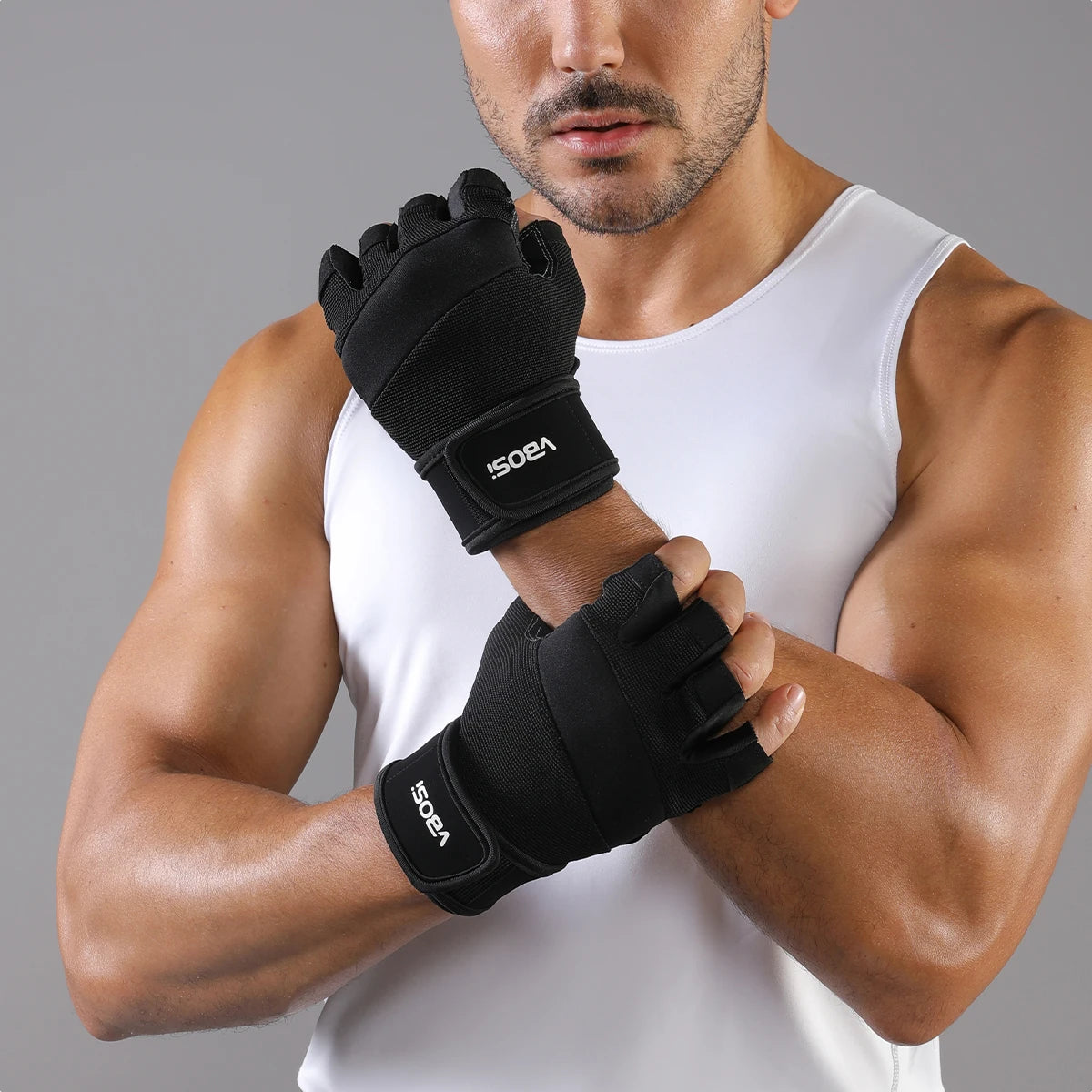 VBOSi Anti-Slip Silicone Breathable Half Finger Sports Gloves for Deadlift Wrist Support with Adjustable Straps for Women Men