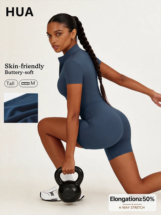 Half Zipper Yoga Bodysuit for Women - Stand Up Collar One Piece Tight Fit Waist Cinching Jumpsuit Quick Dry Gym Workout