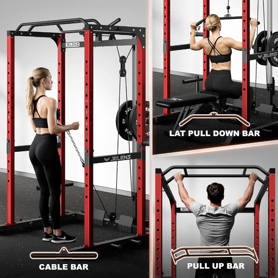 Power Cage, Multi-Function Power Rack with Adjustable Cable Crossover System, 2000LBS Squat Rack for Home Gym with More Training