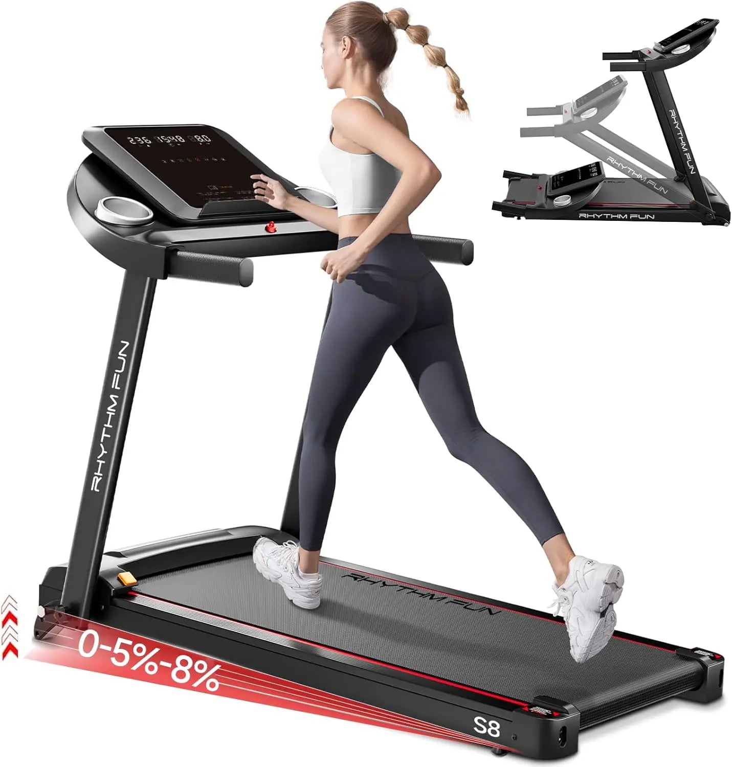 8.0 MPH Foldable Treadmill for Home, Incline up to 8%, Low Noise Walking Pad Supports 300 lbs