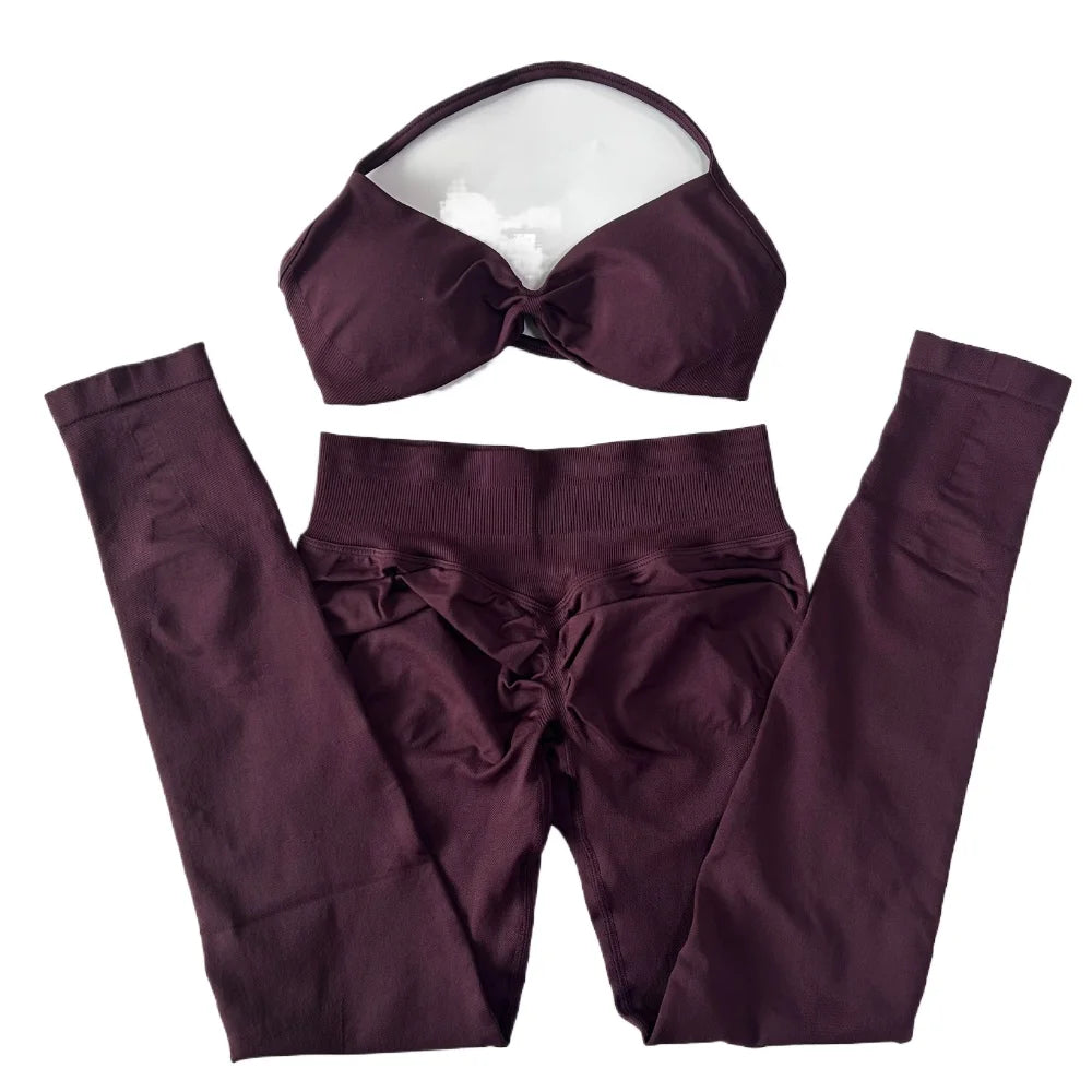 2 Pieces Set For Woman Strappy Yoga Bra Sports Top Workout Leggings Set Seamless Gym Set Fitness Clothes Outfit Activewear