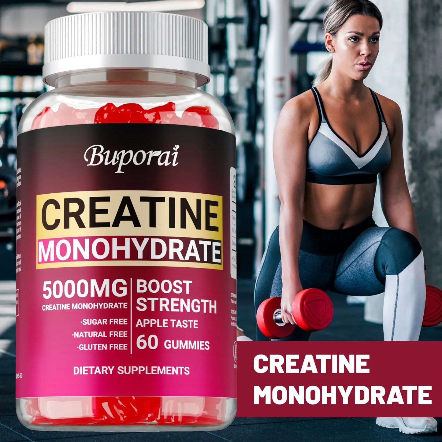 Creatine Monohydrate Gummies - Increases Endurance, Builds Muscle, Improve Athletic Performance, Energy and Focus, Non-GMO