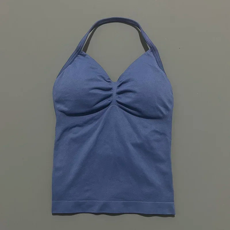 Gym Halter Top Woman Longline Strappy tank Padded Yoga Clothing Removable Cups Yoga Tank Tops Fitness Workout Running Activewear