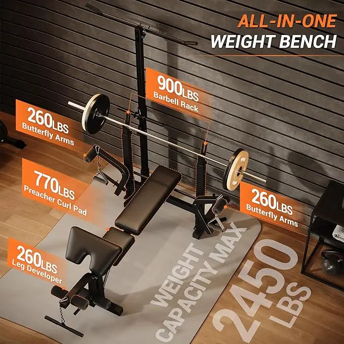 7 IN 1 Weight Bench Set with Squat Rack, Adjustable Bench Press Set with Leg Extensions, Foldable Workout Bench for Home Gym