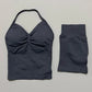 Yoga 2 Pieces Gym Set Women Backless Halter Tops High Waist Seamless Shorts Gym Suit Fitness Sports Bras Sportswear Workout Sets