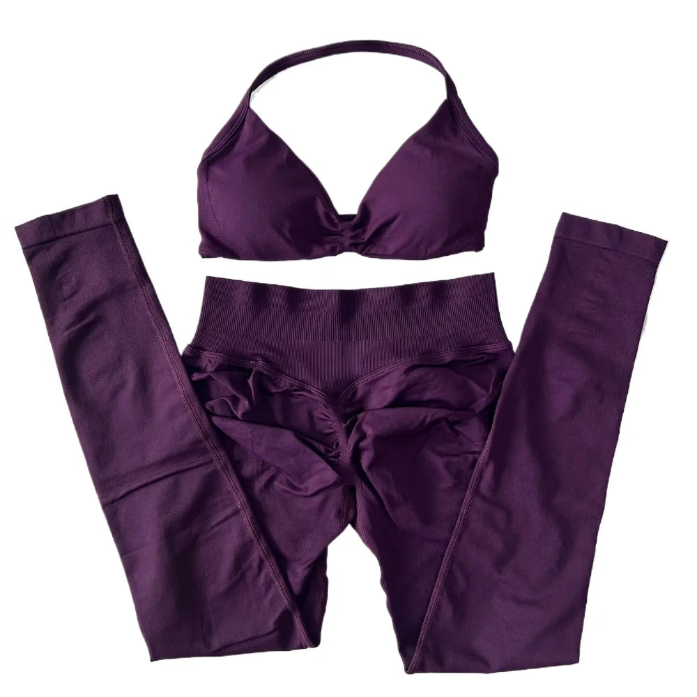 2 Pieces Set For Woman Strappy Yoga Bra Sports Top Workout Leggings Set Seamless Gym Set Fitness Clothes Outfit Activewear