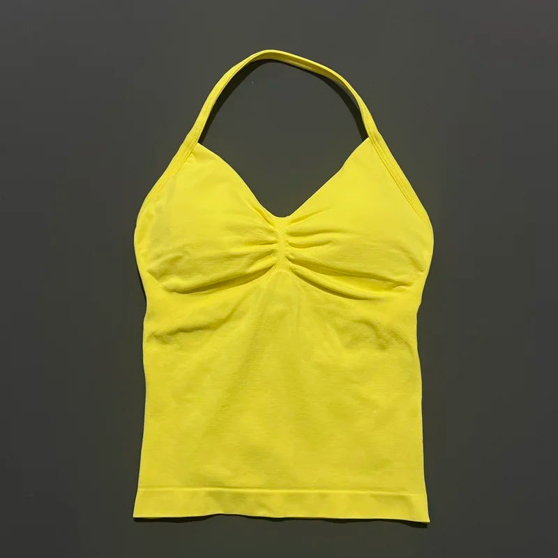Gym Halter Top Woman Longline Strappy tank Padded Yoga Clothing Removable Cups Yoga Tank Tops Fitness Workout Running Activewear