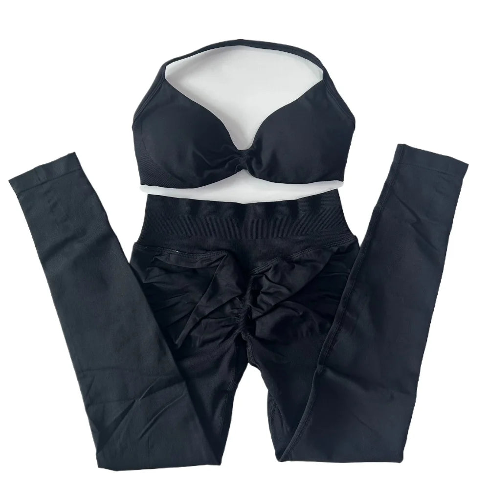 2 Pieces Set For Woman Strappy Yoga Bra Sports Top Workout Leggings Set Seamless Gym Set Fitness Clothes Outfit Activewear