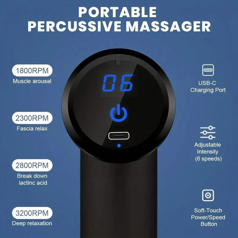 Fitness Hammer Compact Deep Tissue Massager -USB Rechargeable Fascia Gun Muscle Massage Device Featuring 4 Interchangeable Heads