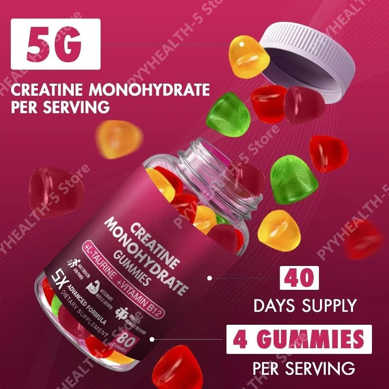 Creatine Monohydrate Gummies - 5g for Men & Women, 80 Count Creatine Chewable Supplements for Muscle Gain, Muscle Strength