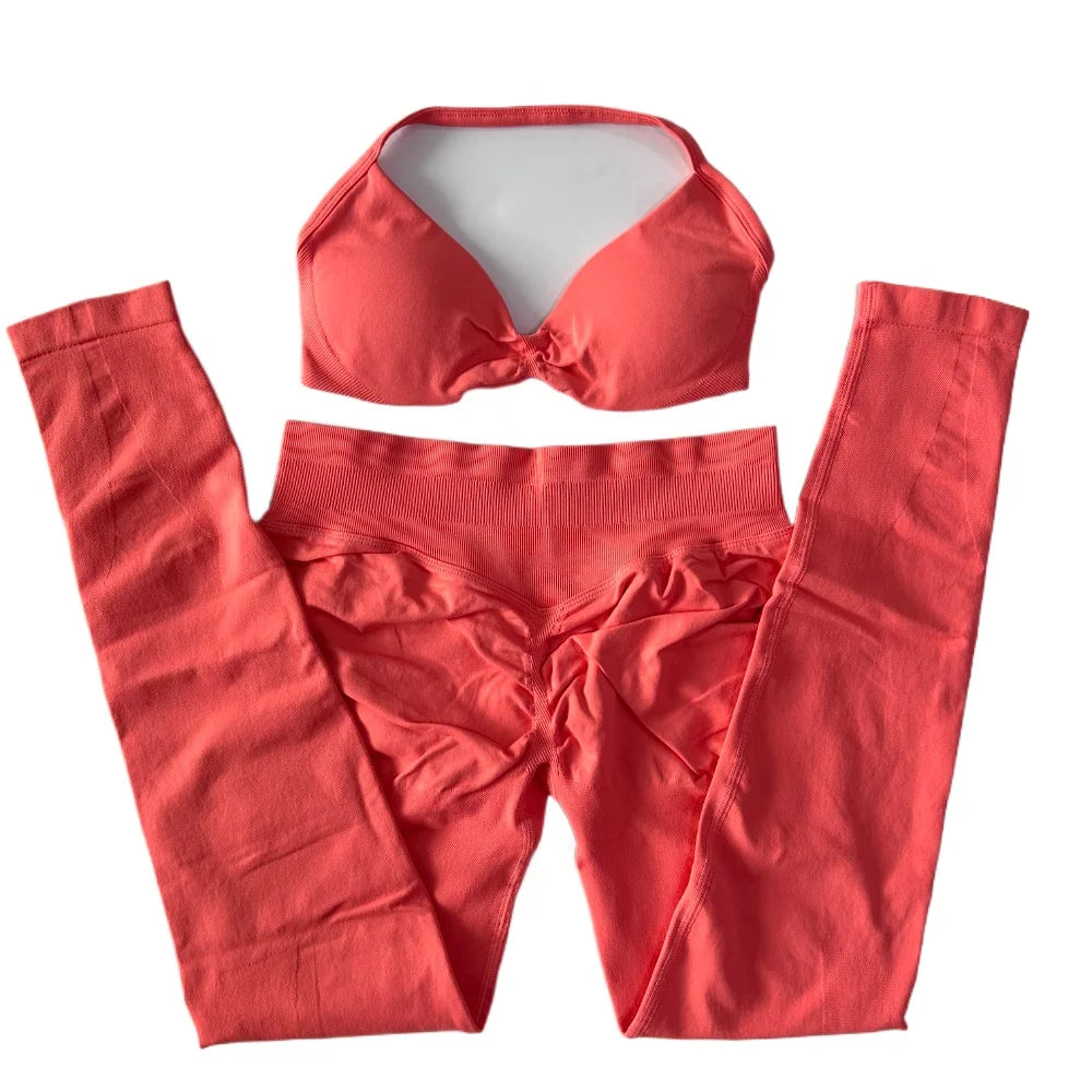 2 Pieces Set For Woman Strappy Yoga Bra Sports Top Workout Leggings Set Seamless Gym Set Fitness Clothes Outfit Activewear