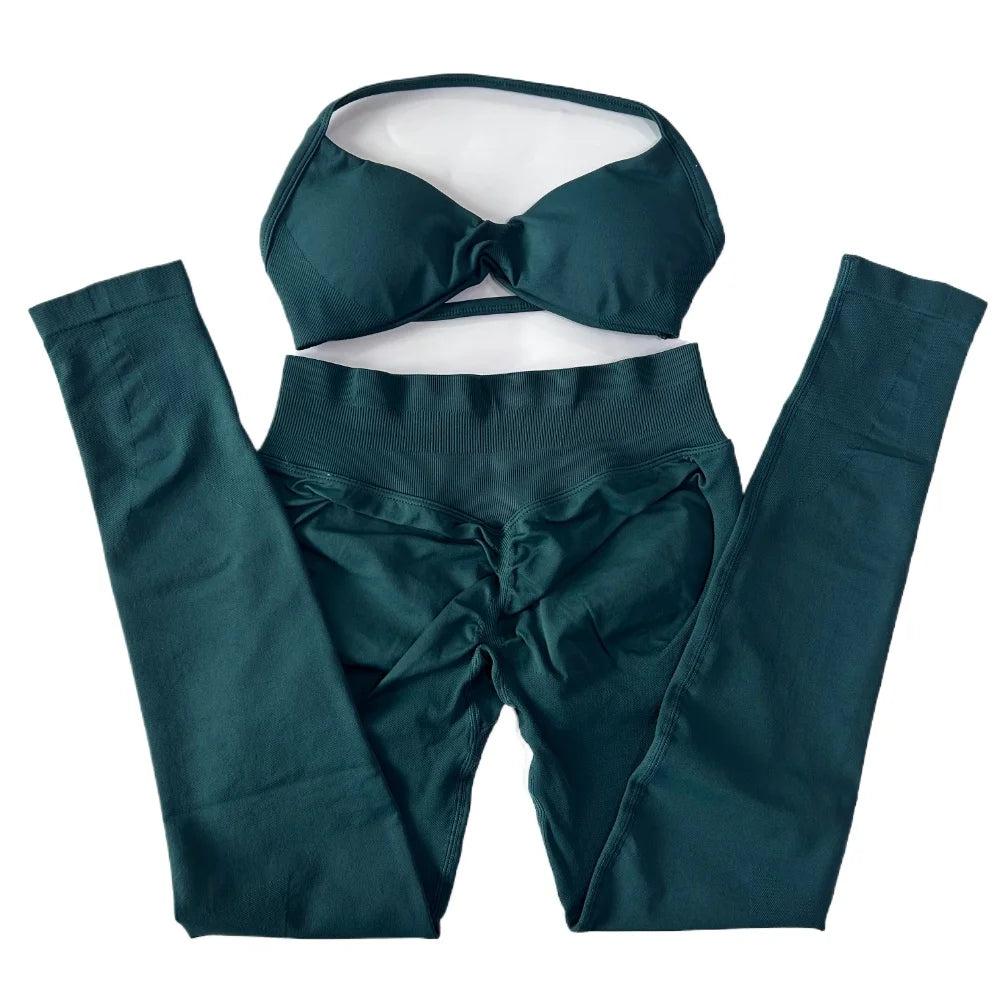 2 Pieces Set For Woman Strappy Yoga Bra Sports Top Workout Leggings Set Seamless Gym Set Fitness Clothes Outfit Activewear