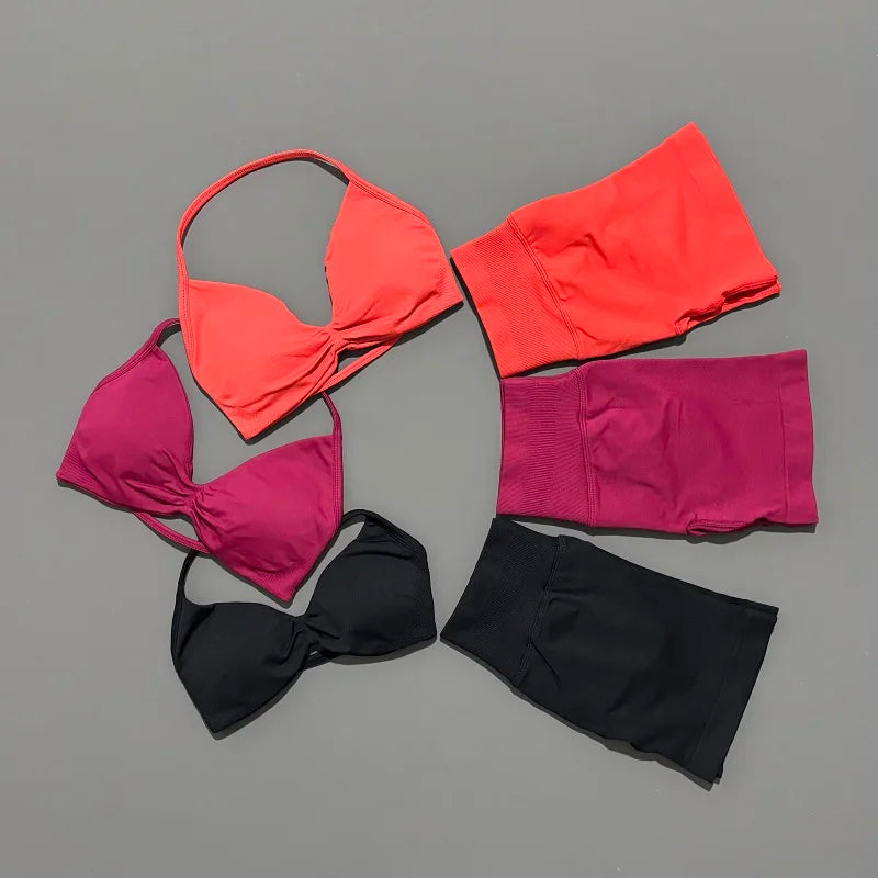 2 Piece Sports Gym Set Strappy Bra Yoga Underwear Short Sport Leggings Bicycle Running Sportswear Woman Seamless Yoga Set