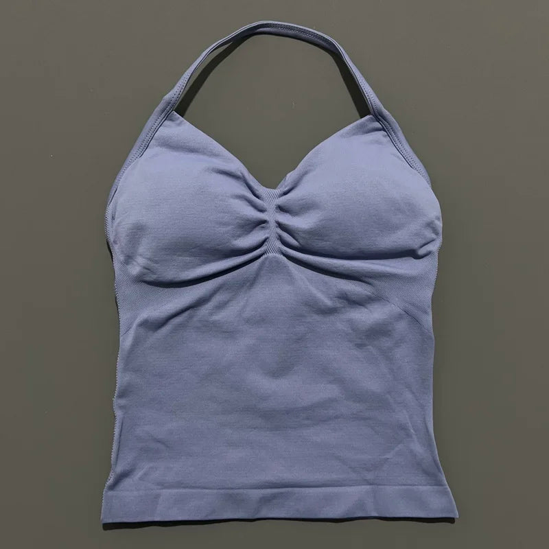 Gym Halter Top Woman Longline Strappy tank Padded Yoga Clothing Removable Cups Yoga Tank Tops Fitness Workout Running Activewear