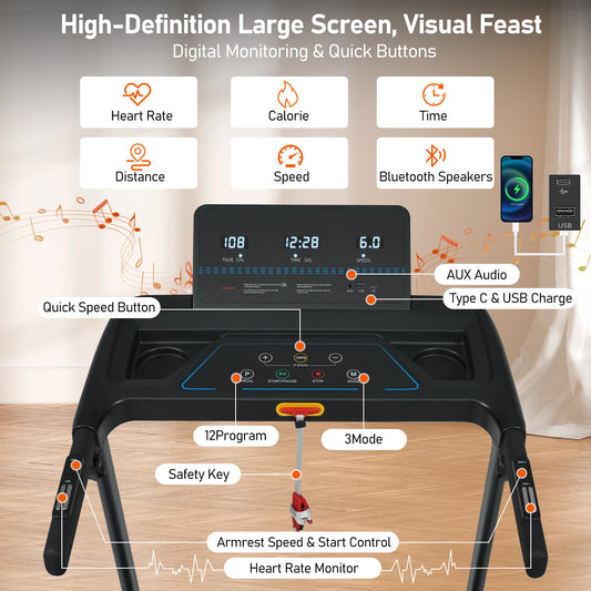 Treadmill with Incline for Home 10.0MPH 300 LBS Capacity Quiet Foldable Treadmills with Heart Rate Sensors Type C USB Bluetooth