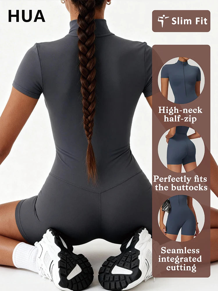 Half Zipper Yoga Bodysuit for Women - Stand Up Collar One Piece Tight Fit Waist Cinching Jumpsuit Quick Dry Gym Workout