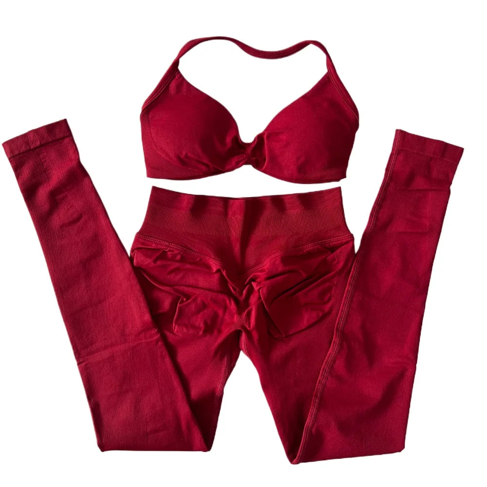 2 Pieces Set For Woman Strappy Yoga Bra Sports Top Workout Leggings Set Seamless Gym Set Fitness Clothes Outfit Activewear