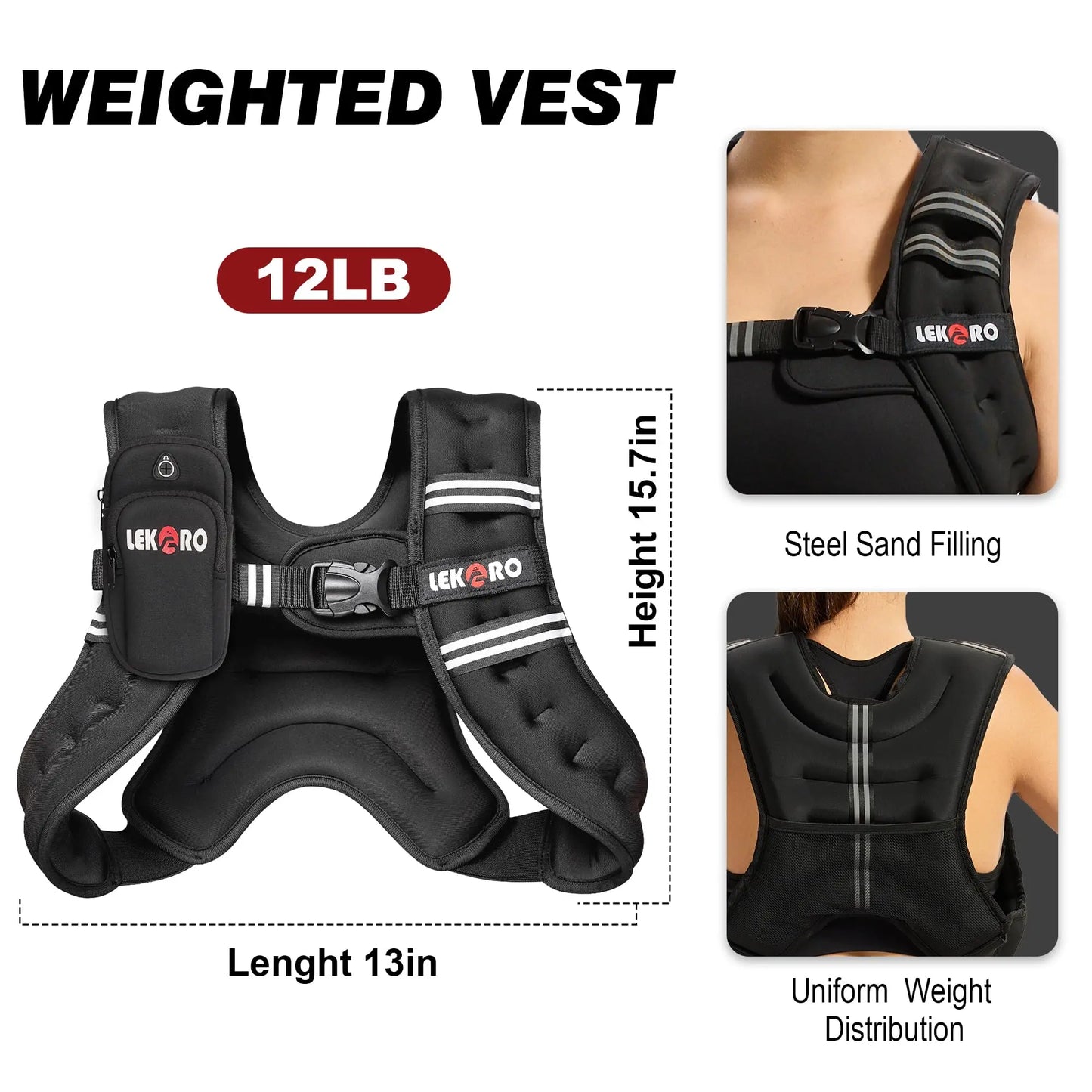 Weighted vest for men and women with reflective strips for exercise, strength training, running, and walking