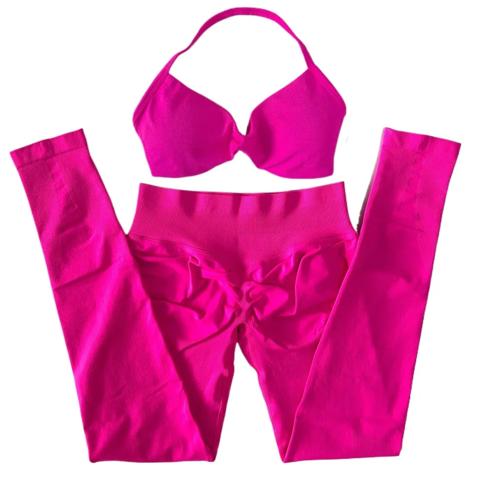 2 Pieces Set For Woman Strappy Yoga Bra Sports Top Workout Leggings Set Seamless Gym Set Fitness Clothes Outfit Activewear