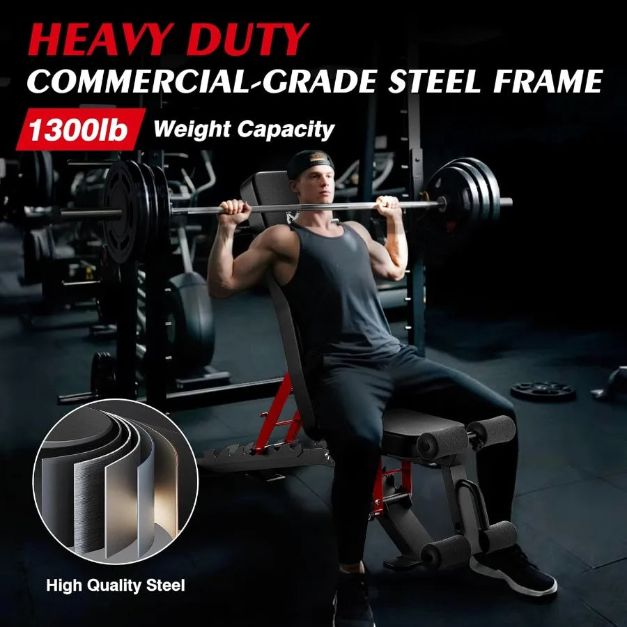 Adjustable Weight Bench Foldable Workout Bench for Home Gym Heavy Duty 1300lb Capacity PRO Full Body Strength Training with 8Le