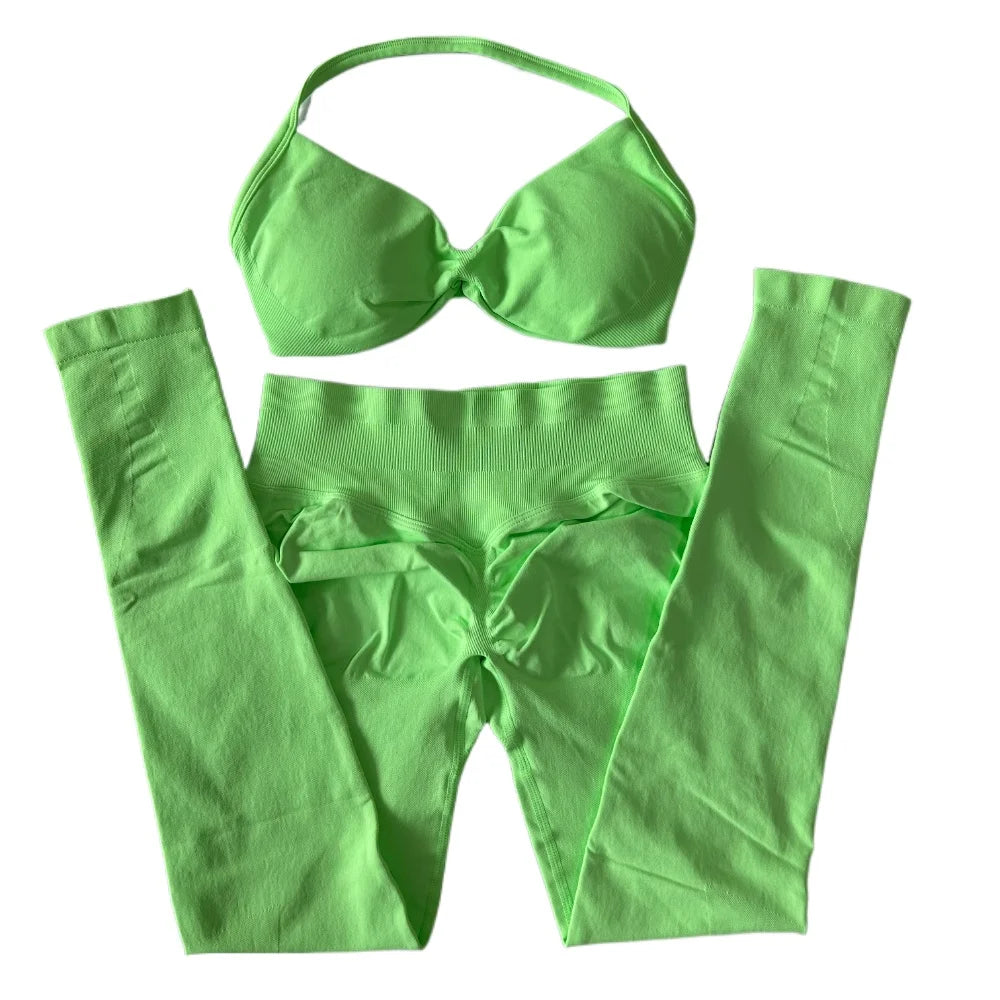2 Pieces Set For Woman Strappy Yoga Bra Sports Top Workout Leggings Set Seamless Gym Set Fitness Clothes Outfit Activewear