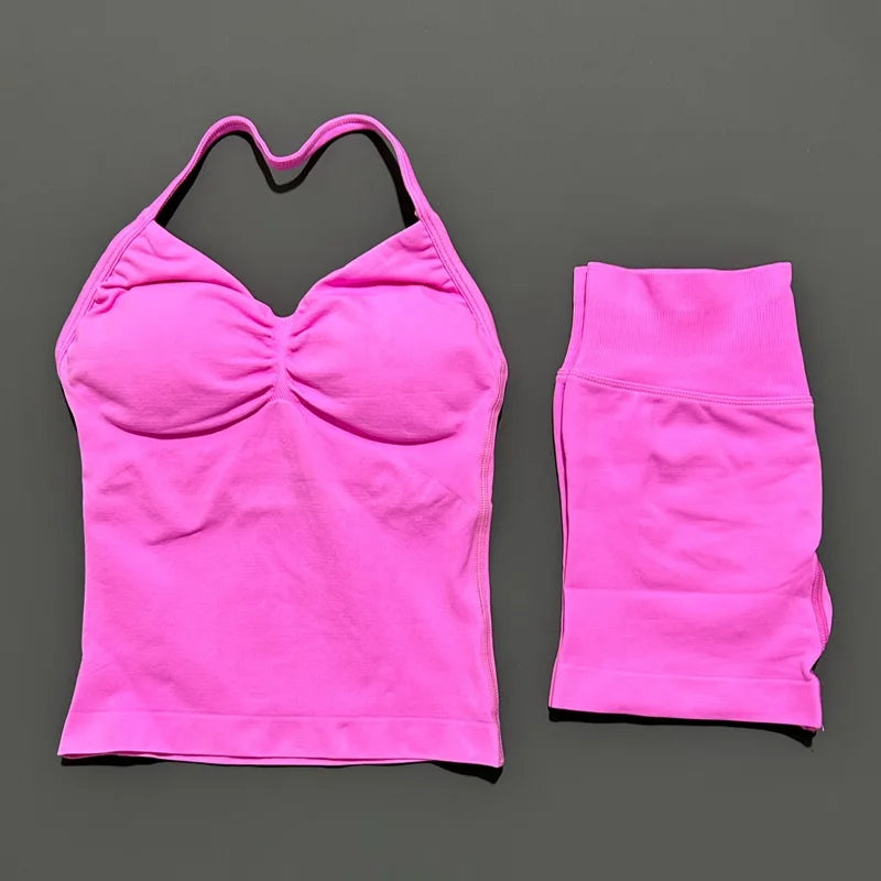 Yoga 2 Pieces Gym Set Women Backless Halter Tops High Waist Seamless Shorts Gym Suit Fitness Sports Bras Sportswear Workout Sets