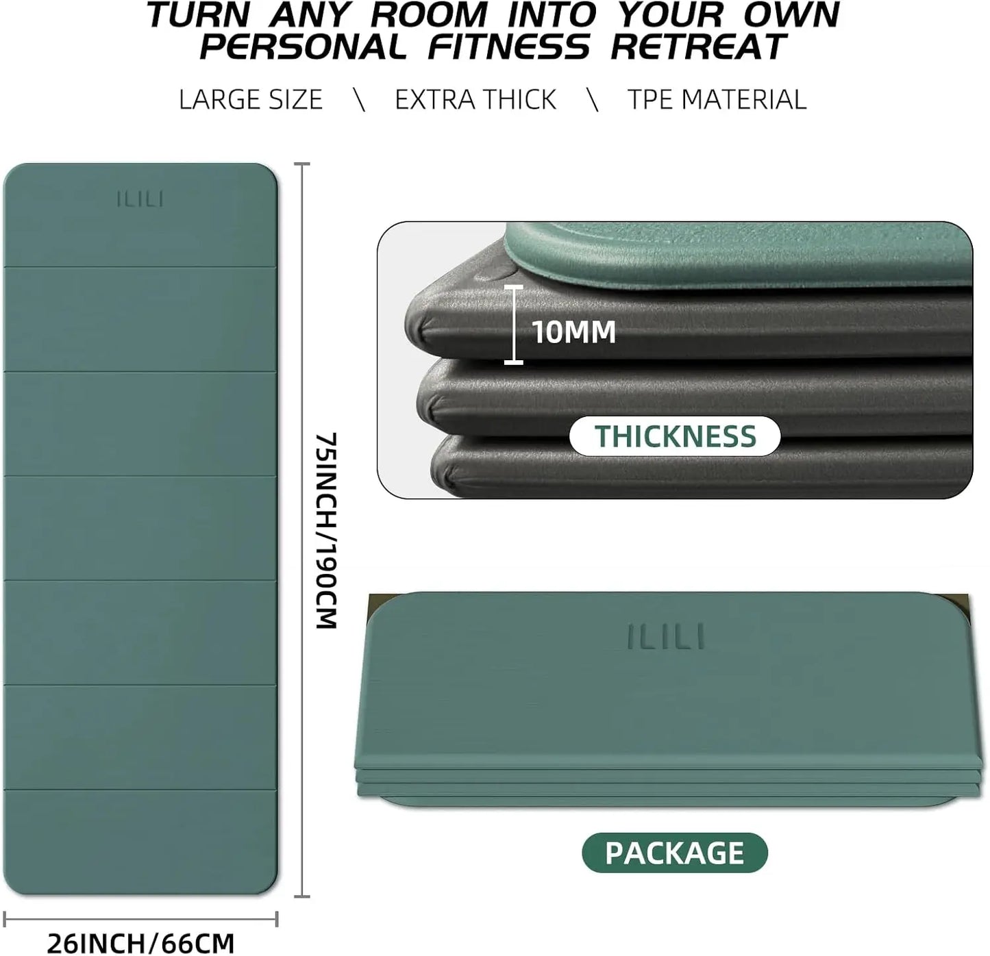 Foldable Yoga Mat, 10mm Thick TPE Material, Extra Long 75x26 Inches, Soft Comfortable for Home Exercise & Outdoor Use