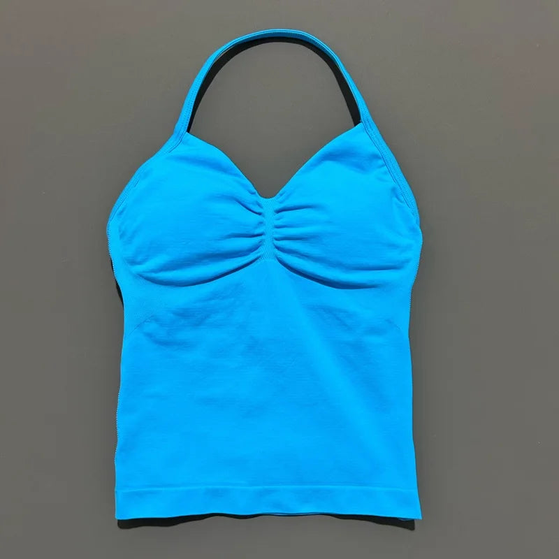 Gym Halter Top Woman Longline Strappy tank Padded Yoga Clothing Removable Cups Yoga Tank Tops Fitness Workout Running Activewear