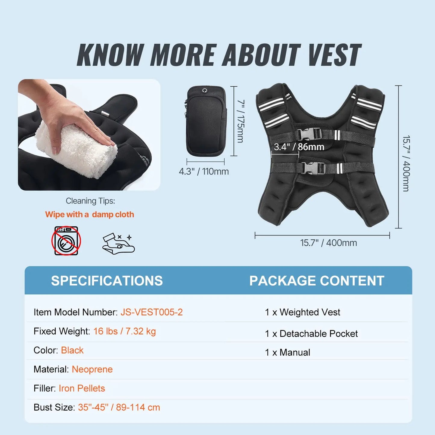 Weighted Vest 16 lbs with Reflective Stripe Adjustable Buckle Body Weight Vest for Men Women Strength Training Running Fitness