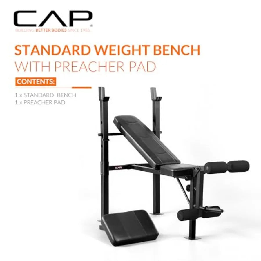 Standard Weight Bench with Preacher Pad Adjustable Bench Press Station with 4 Backrest Positions Leg Developer Steel Frame