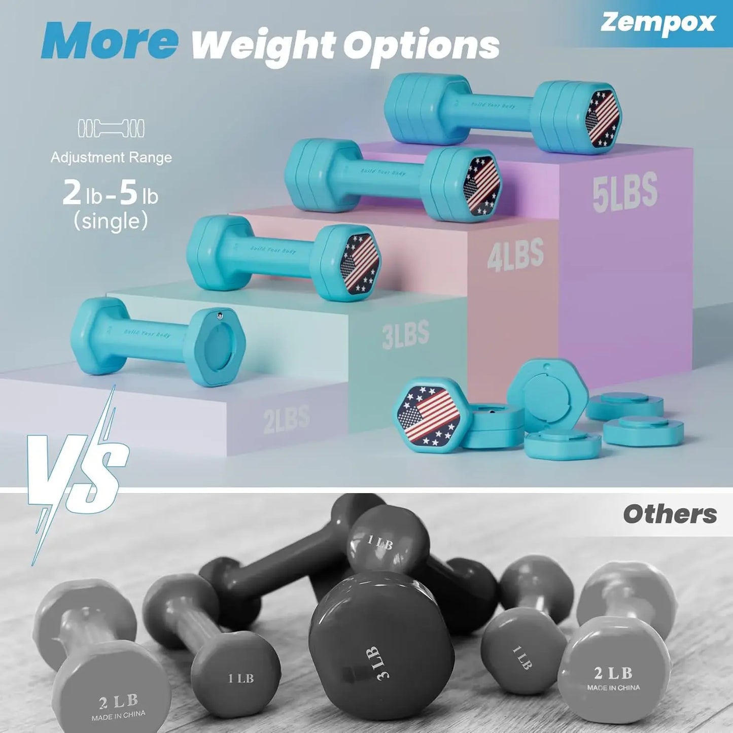 Adjustable Dumbbell Set for Women, 4-in-1 Hand Weights, 2-5 lbs Each with Soft Rubber Handle for Home Gym Training